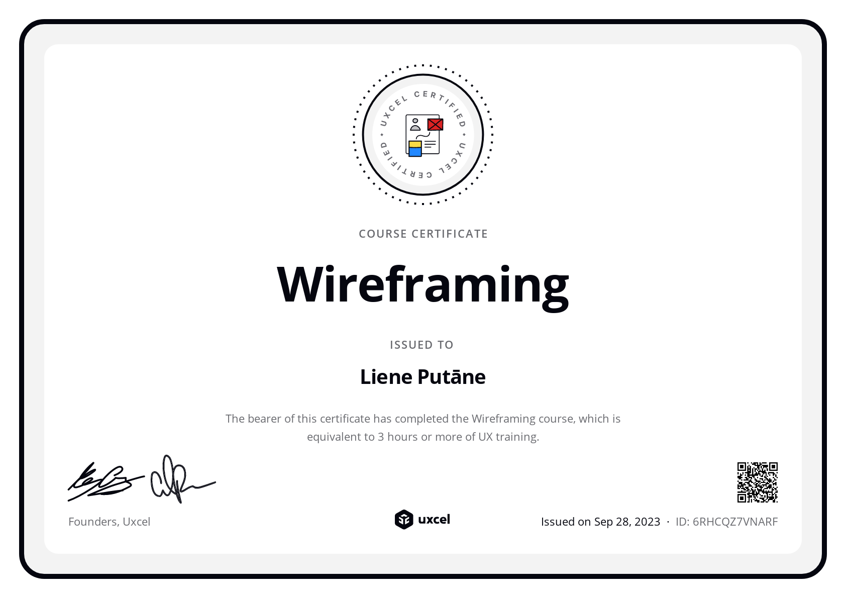 Liene Putāne's certificate